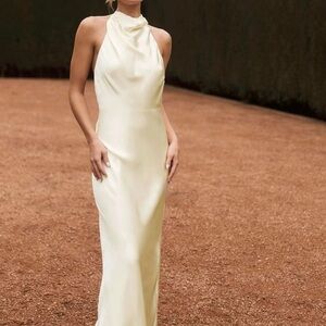 Meshki Butter Yellow Halter Neck Satin Maxi Dress